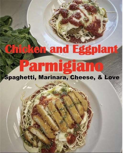 Avalanche Pizza Chicken and Eggplant Parm on Spaghetti