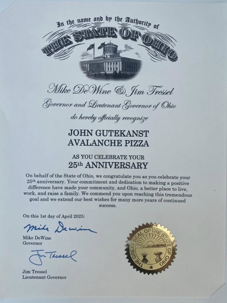 25th business anniversary letter from the state of Ohio