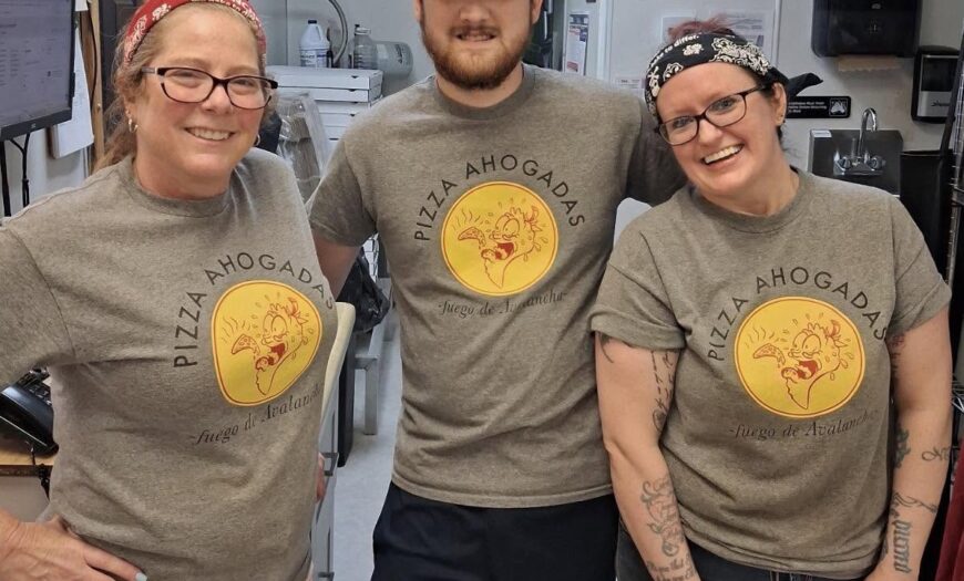 Here's our awesome Pizza Chefs celebrating the 5 YEAR ANNIVERSARY of our popular spicy PIZZA AHOGADA! Fuego de Avalancha.